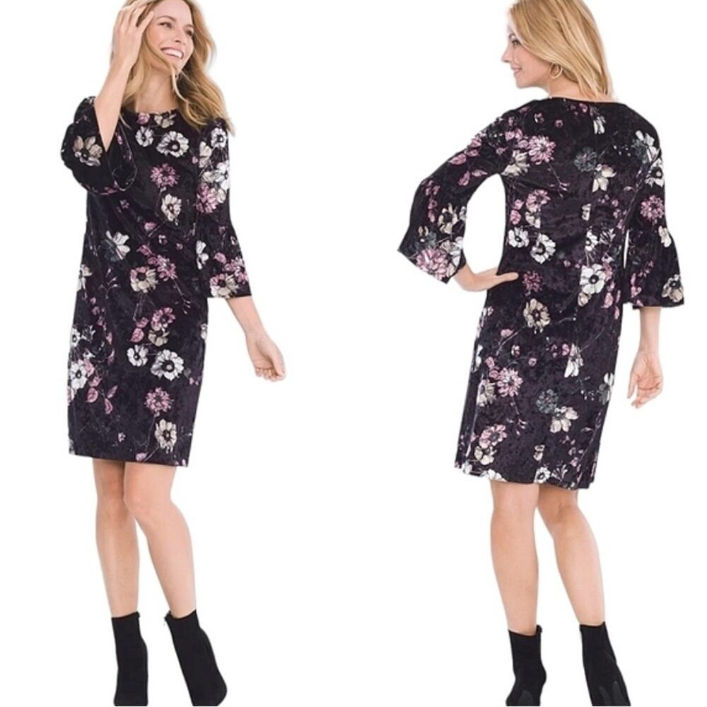 Chico’s Shift Dress Women's Size 0 US 4/6 Black Crush Velvet Floral Bell Sleeves